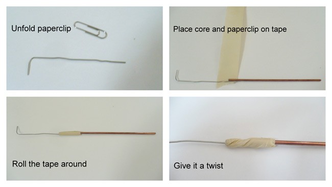 Four photos show a straightened paperclip taped to the end of an iron core