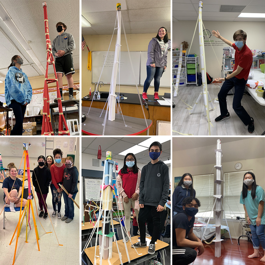A collage of a students and some of the very tall paper towers they built during the 2021  Engineering Challenge. 