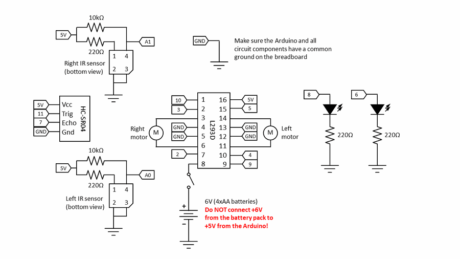 Circuit diagram for connecting the H bridge, ultrasonic sensor, infrared sensors, and LEDs to the Arduino to build a self-driving robot car 