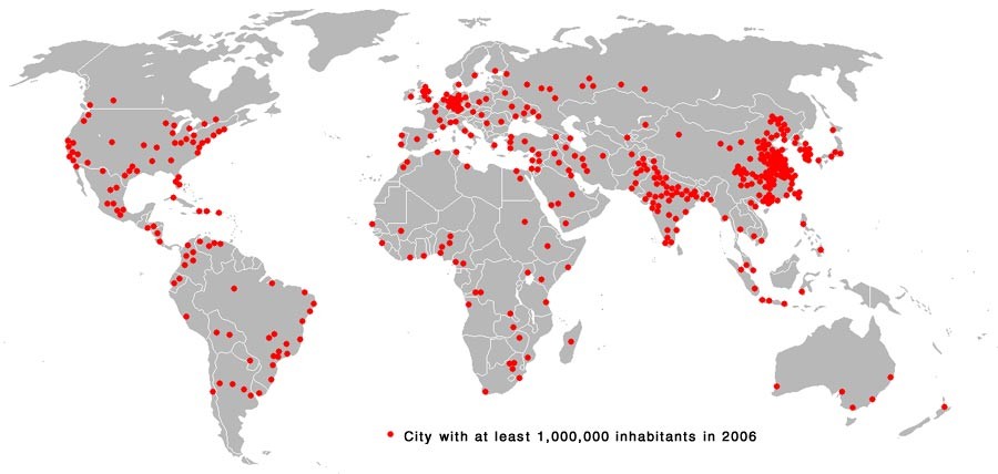 Map of the world overlaid with red dots which represent cities that have a population of over one million people