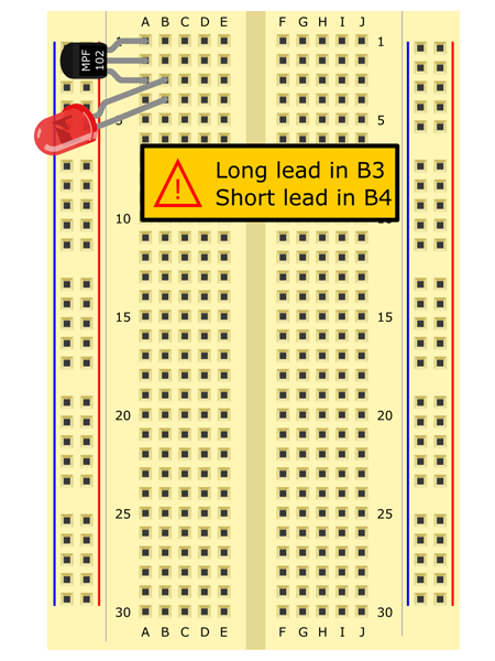 Insert LED long lead into B3, short lead into B4.