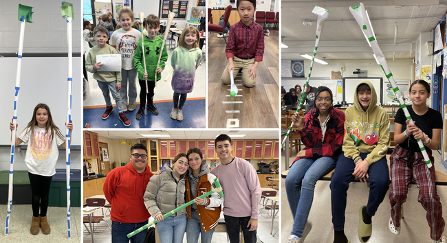 Collage of K-12 students with the paper devices they built to pick up a ping pong ball for the 2023 Science Buddies Engineering Challenge
