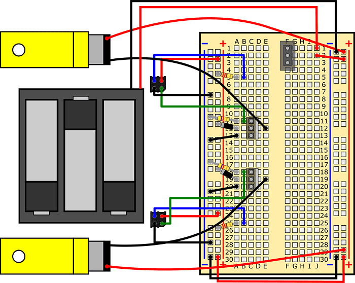 Breadboard diagram of a battery pack and two motors wired to a line following robot circuit