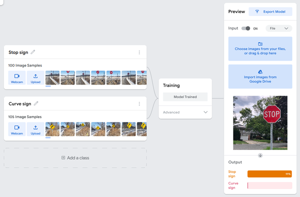 teachable machine screen shot learning stop signs