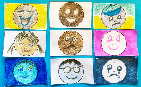 nice drawings of happy and sad faces that are colored. some have more details than the learning data.