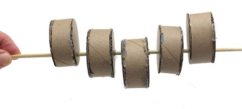 A skewer with five cylinders threaded on it. The cylinders are alternatingly placed on and off center, starting with an off-center cylinder.