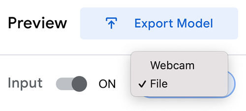 the 'Preview' window has an input on/off button and a toggle to select Wedcam or File