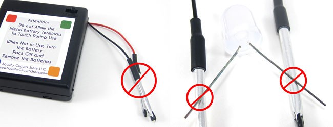 Image shows metal probes of a battery pack should not touch each other or the metal LED leads