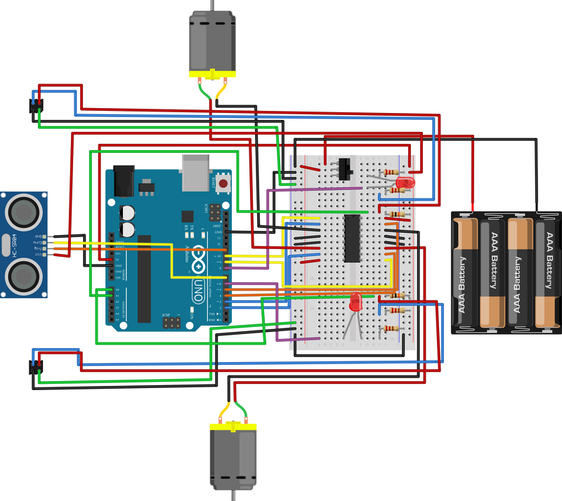 A diagram shows the connections among the Arduino, breadboard, battery pack, switch, and motors. 