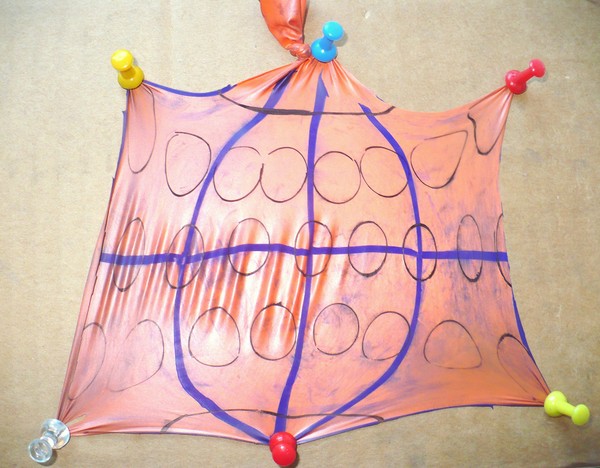 the cut open balloon pinned down with 6 pins to form almost a square. Some circles are deformed. Cricles away from the equator are larger.