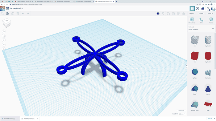 screenshot of a drone frame designed in Tinkercad