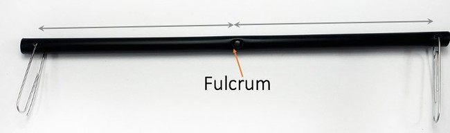 A black straw with perforations in the center and near the end. The center perforation is labeled 'fulcrum'. Paperclips are attached at both ends of the straw, equidistant from the fulcrum.