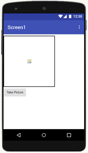 App Inventor viewer screenshot with a canvas and a take picture button