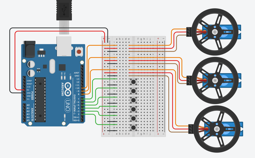 Arduino circuit for controlling three servo motors with six buttons