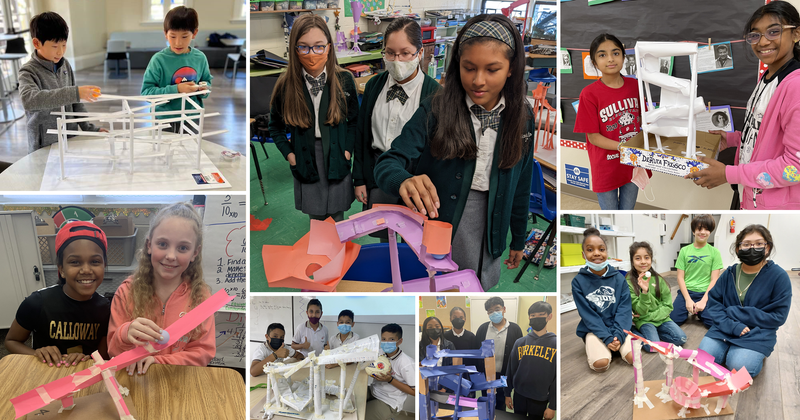 A collage consisting of seven teams of students; each team has a ball run made out of paper and tape. 