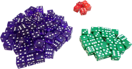 Three piles of 6-sided dice separated by color, seventy purple, twenty-five green and five red