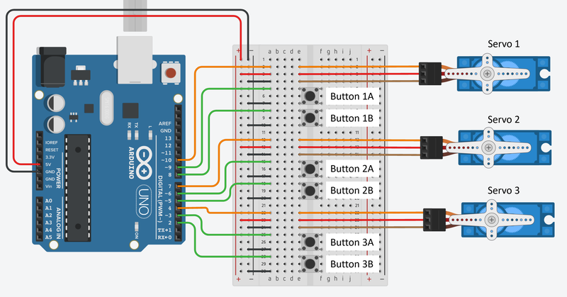 Breadboard diagram showing three servo motors and six buttons connected to an Arduino