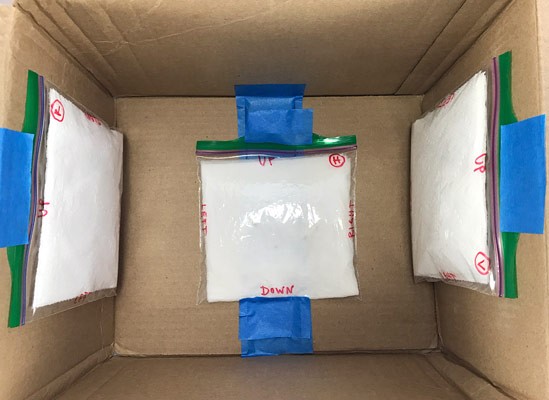 Three plastic bags filled with seeds inside of a paper towel are taped to the bottom and inner walls of a cardboard box