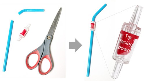 A one-way valve is inserted into the middle of a straw