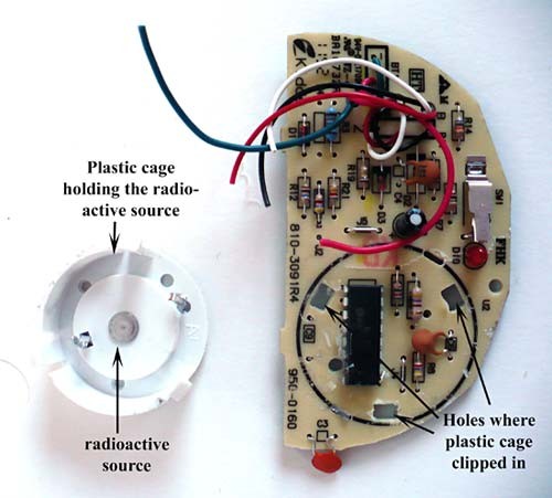 Radioactive source housing removed from a smoke detectors circuit board
