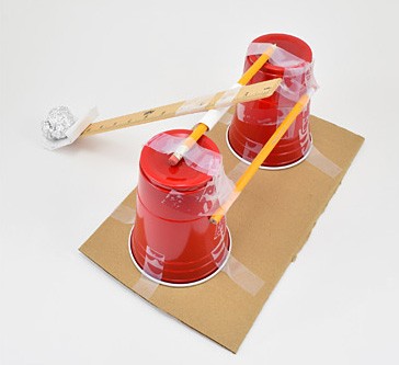 catapult ball launcher from plastic cups and pencils 