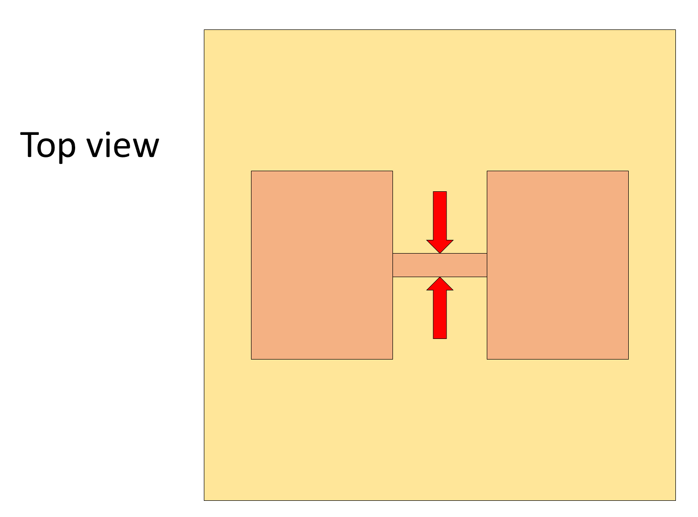 An illustrated top view of two thicker 3D printed parts connected by a thinner rectangle.