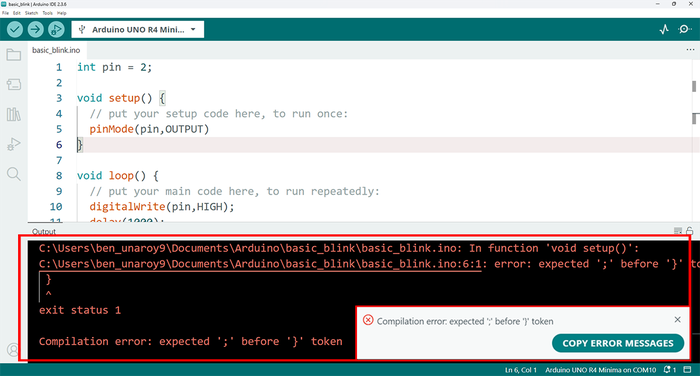 Screenshot in Arduino IDE showing syntax error