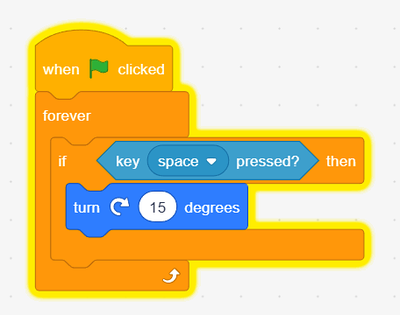 scratch code block that spins the pinwheel when spacebar pressed