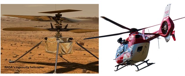 A picture of the Ingenuity helicopter and a helicopter that is designed  to fly on Earth. The second helicopter has thinner and relatively shorter blades. Its body looks larger, more robust, and heavy. It has rails close to the body to stand on.  