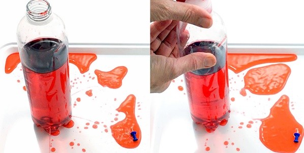 A collection of two pictures showing that water streams out of the holes when the bottle is open not when the bottle is closed.