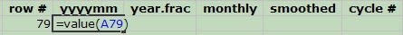 Cropped screenshot of a value function entered into a cell within a row in a spreadsheet for sunspots in Microsoft Excel