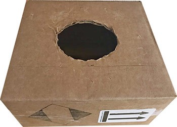 A cardboard box with a hole cut through the center of the top face
