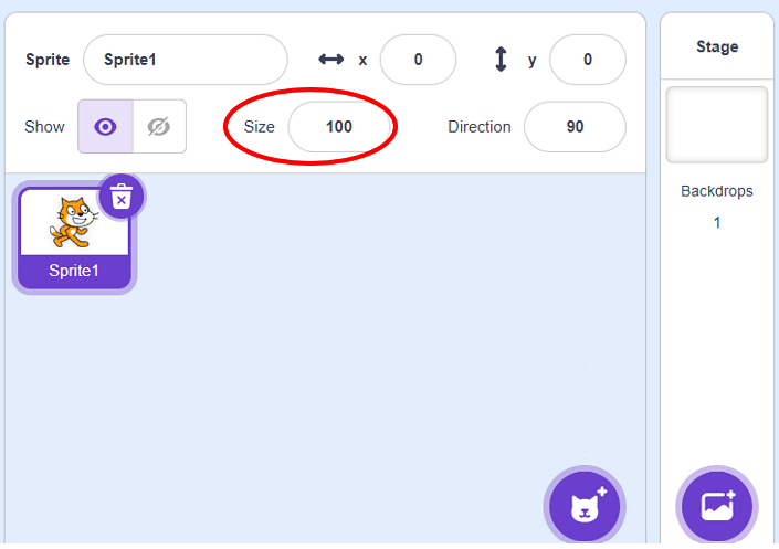Changing the size value circled in red can shrink or enlarge the sprite.