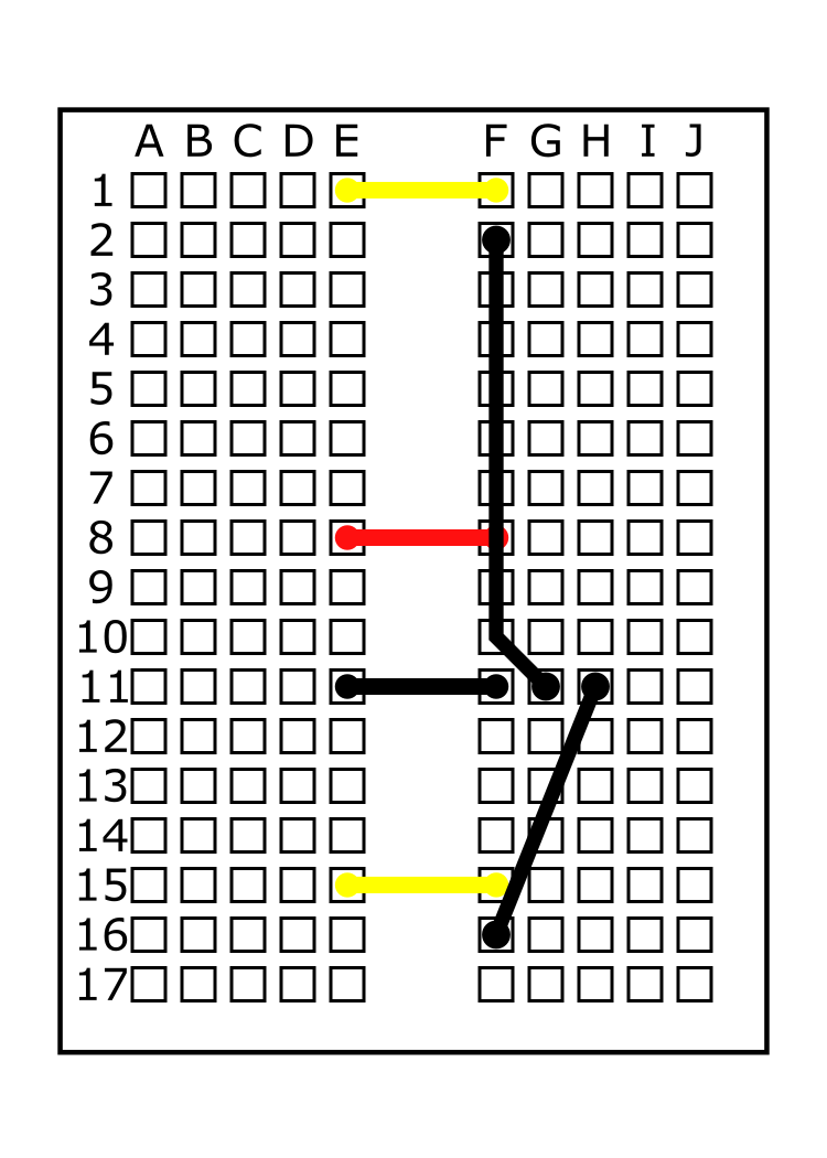 Connect the medium black jumper wire from H11 to F16 