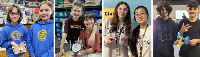 Collage of K-12 students with the rubber band car devices they built for the 2024 Science Buddies Engineering Challenge