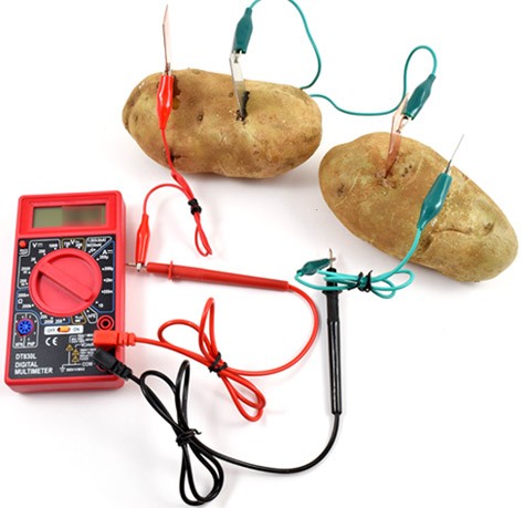 Two potatoes each with zinc and copper electrodes are wired in series with a multimeter