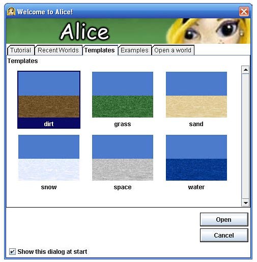 Screenshot of Storytelling Alice program with template options