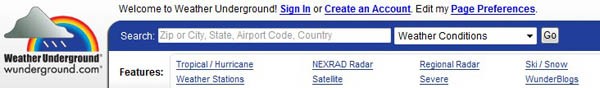 Screenshot of the header for the website wunderground.com includes a search bar and featured links