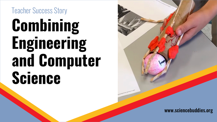 Student holding a robotic hand from success story about teacher who did engineering design and computer science projects with middle school students