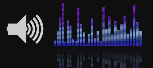 Drawing of a speaker next to bars representing sound levels