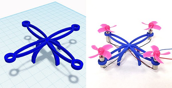 A CAD model and the corresponding 3D printed drone chassis with motors and propellers attached.