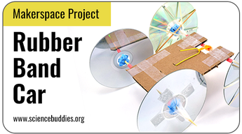 Makerspace STEM: rubberband-powered car made from compact discs and recycled materials