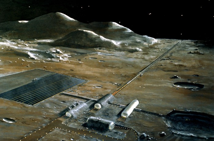 Drawing of a mass driver constructed on the moon. The driver features a very long tube that stretches across the surface.