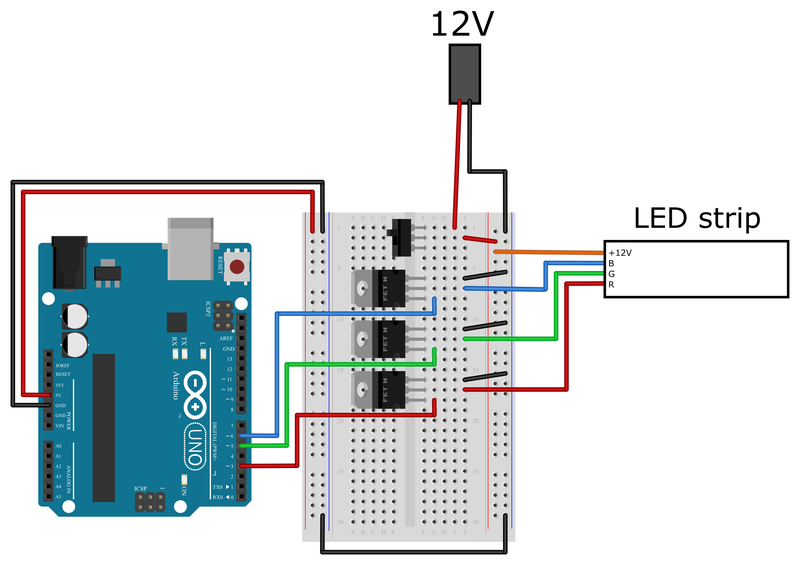 A diagram represents the connections among the Arduino, the breadboard, a 12 Volt power source, and an LED strip. Revisit steps 4-7 if needed for instructions on setting up the connections. 