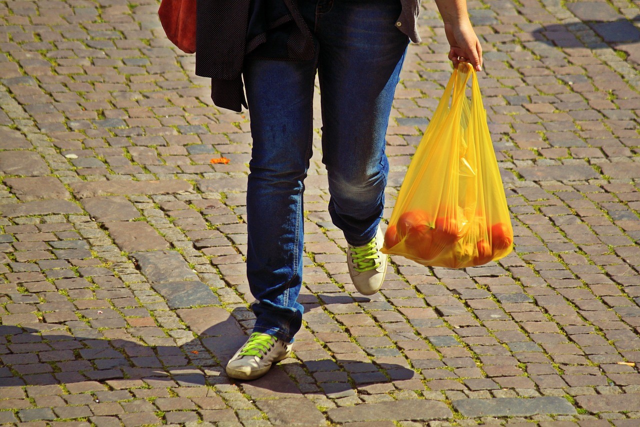lower body of person walking with grocery bag in one hand