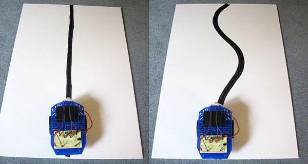 Two photos of a line-following robot traveling along a straight line on the left and a curvy line on the right