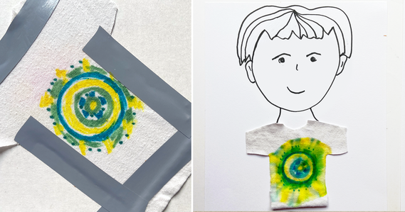 Piece of fabric cut into the shape of a mini t-shirt with permanent marker on it for a tie-dye activity and finished marker tie-dye tshirt as part of an About Me activity