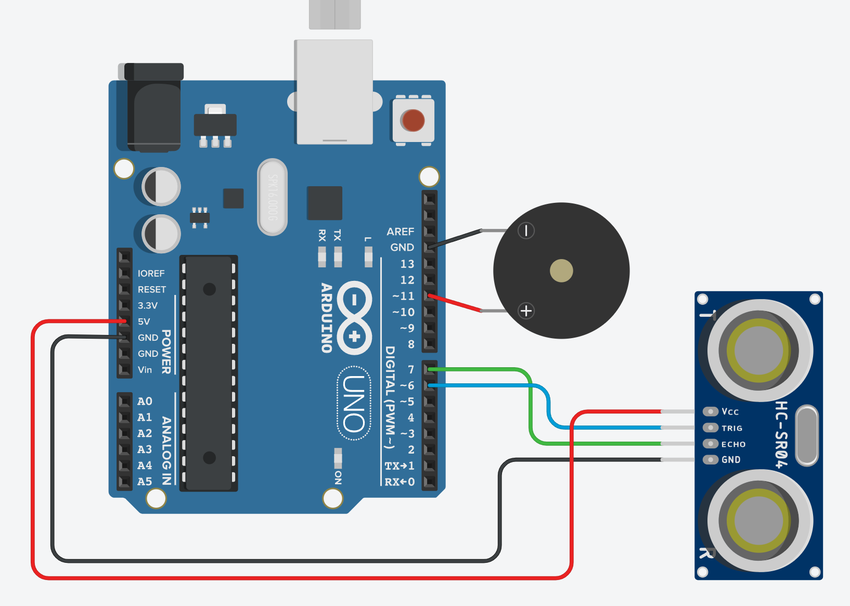 Breadboard diagram for proximity sensor circuit with ultrasonic sensor and buzzer