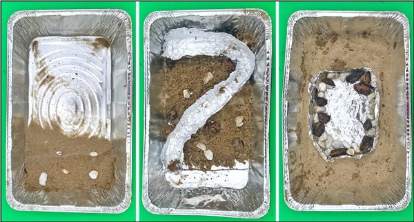 Three images showing an ocean model, a river model, and a lake model, inside an aluminum pan.