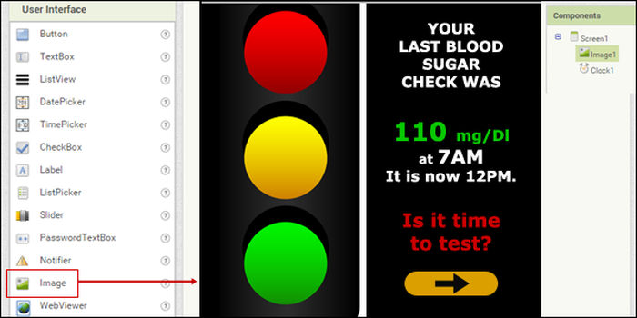 Computer Programming for Better Health / Diabetes Awareness Month and Diabetes-focused App shown in AppInventor programming environment